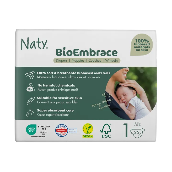 Одноразові дитячі підгузки BioEmbrace "NATY". Розмір 1 (2-5 кг.), 25шт. в упаковці. — Photo 10