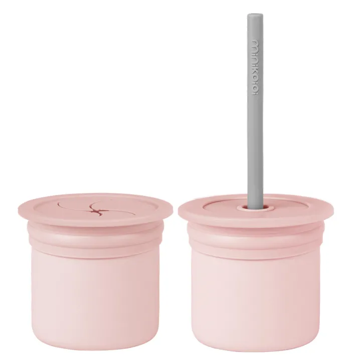 Чашка-контейнер з трубочкою силіконова MinikOiOi Sip+Snack - Pinky Pink / Powder Grey