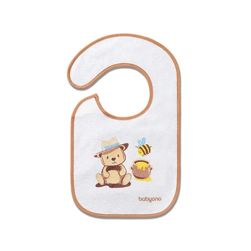 Нагрудник махровий "СПРОБУЮ НОВЕ" ведмедик бежевий (6м+) (23 см x 37 см) /"Babyono"