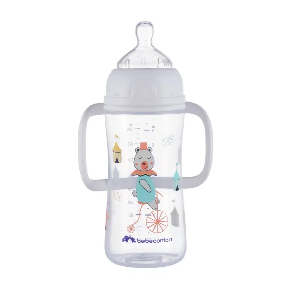 Пляшечка для годування BEBE CONFORT EMO PP W/H 270ML T2 FF з ручками та силіконовою пустушкою біла