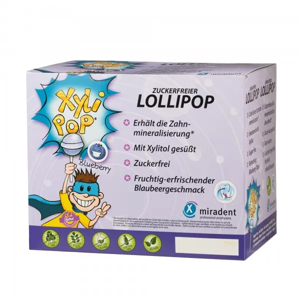 Льодяник з ксилітолом на паличці Xylipop (50 шт) зі смаком ЧОРНИЦІ, (Miradent) — Photo 2